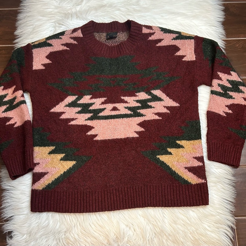 Mod Lusive Aztec Sweater Womens M Classic Boho Western Relaxed Burgundy Green